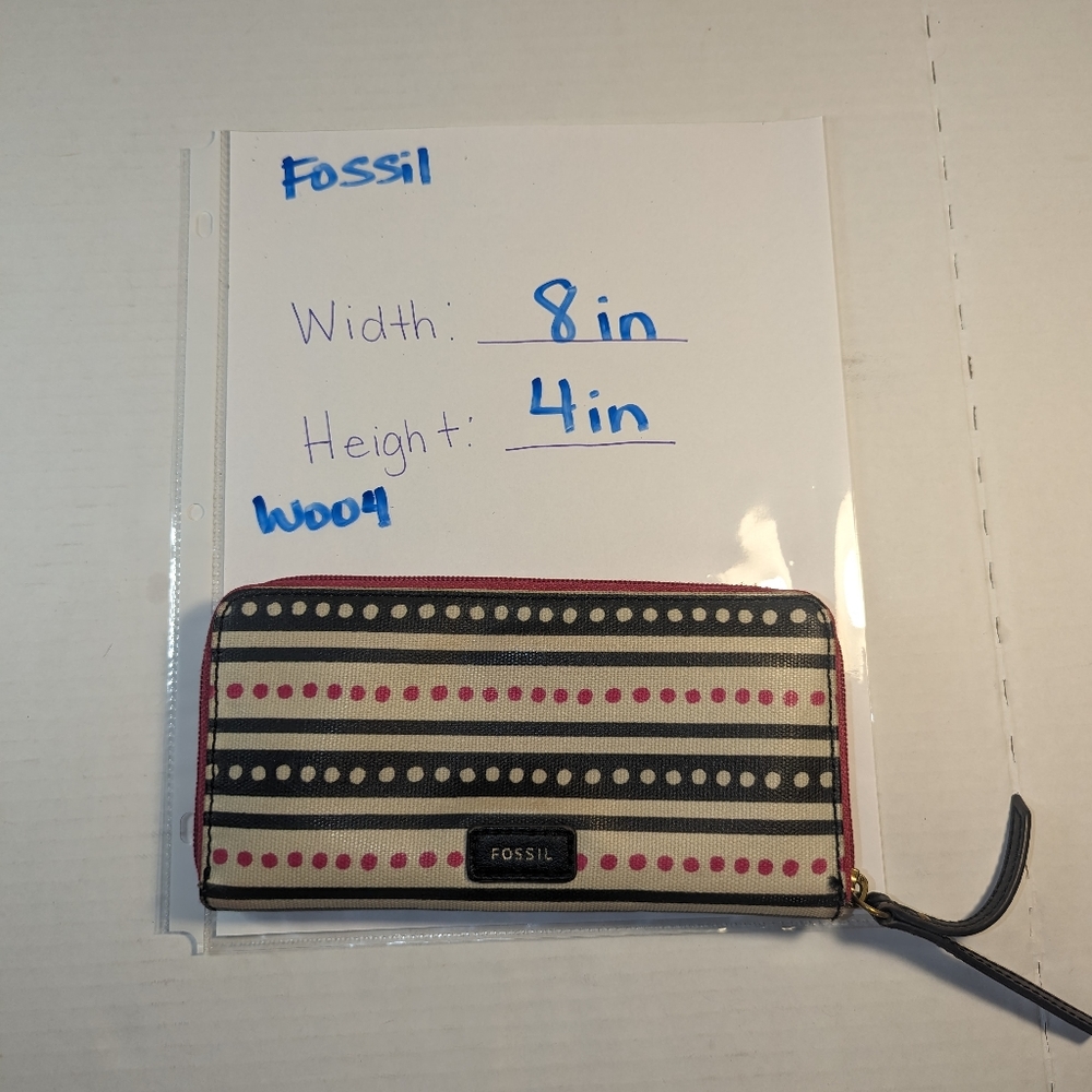 Fossil clutch Zip Around coin purse pink black  off white stripes polka dots - Picture 12 of 14